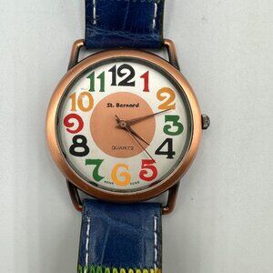Vintage St. Bernard Watch Women Copper Tone Matchwork Leather Band New Battery